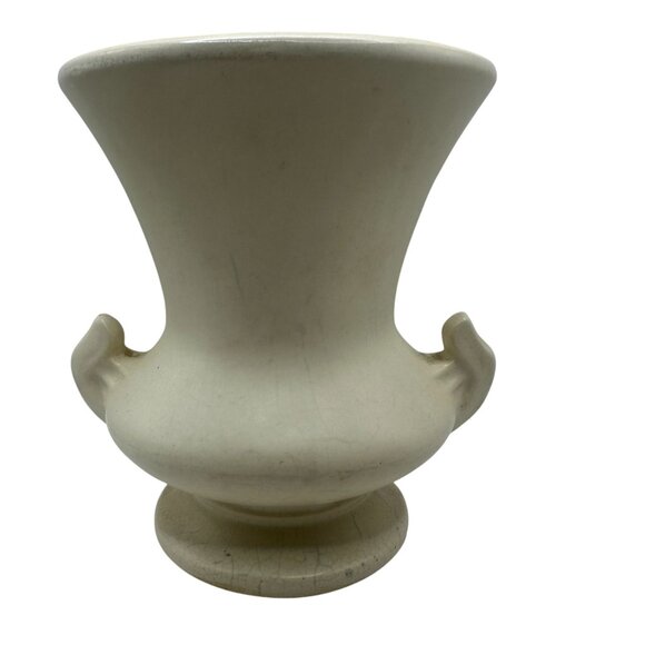 McCoy Vintage Ivory Ceramic Vase  Pink Floral Relief Design & Dual Side Handles - Picture 2 of 5